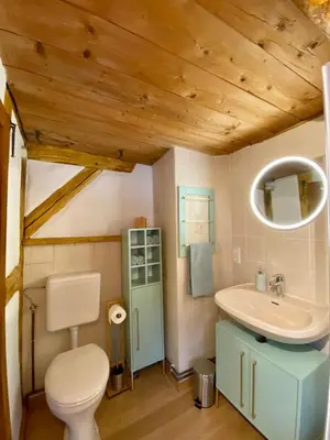 Ein Badezimmer in der Unterkunft Mein MINI-HAUS - 2 Zimmer - Smart-TV - Stein & Holz