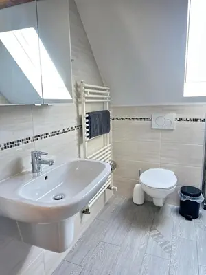 Ein Badezimmer in der Unterkunft 1 Zimmer Wohnung DG mit Klimaanlage und kleinen Balkon