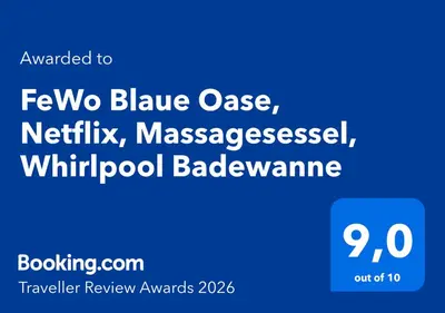 Ein Zertifikat, Auszeichnung, Logo oder anderes Dokument, das in der Unterkunft FeWo Blaue Oase, Netflix, Massagesessel, Whirlpool Badewanne ausgestellt ist