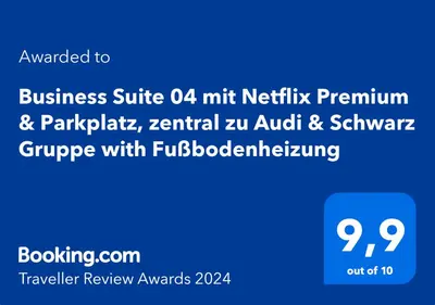 Ein Zertifikat, Auszeichnung, Logo oder anderes Dokument, das in der Unterkunft STN Business Suite - Ferienwohnung mit Parkplatz & Balkon, Terrasse & Fußbodenheizung, Netflix Premium, Zentral zu Audi & Schwarz Gruppe ausgestellt ist