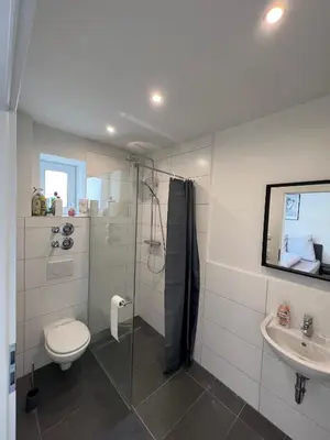 Ein Badezimmer in der Unterkunft Gemütliches Studio-Apartment in Karlsruhe Neureut - Nähe Uni-KIT-Messe, Fußbodenheizung, Regendusche, Waschmaschine, Stellplatz