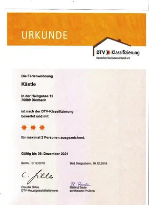 Ein Zertifikat, Auszeichnung, Logo oder anderes Dokument, das in der Unterkunft Ferienwohnung Kästle ausgestellt ist