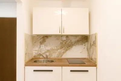 Küche/Küchenzeile in der Unterkunft Modernes City Apartment in Top Lage, Balkon, kostenloser Parkplatz max 1,65m Höhe und 1,8m Breite