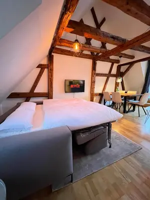 Ein Bett oder Betten in einem Zimmer der Unterkunft LudwigsHome Zentralste Lage, Klima, SmartTV, Terrasse