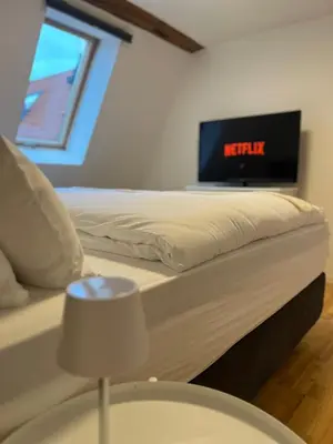 Ein Bett oder Betten in einem Zimmer der Unterkunft LudwigsHome Zentralste Lage, Klima, SmartTV, Terrasse