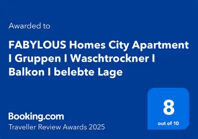 Ein Zertifikat, Auszeichnung, Logo oder anderes Dokument, das in der Unterkunft FABYLOUS Homes City Apartment I Gruppen I Waschtrockner I Balkon I belebte Lage ausgestellt ist