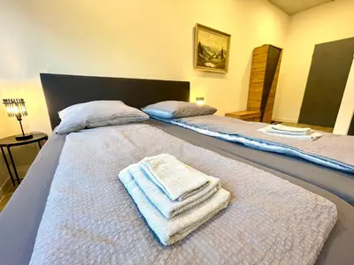 Ein Bett oder Betten in einem Zimmer der Unterkunft Black Forest Apartament Schlössle Goldstadt Pforzheim Schwarzwald