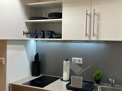 Küche/Küchenzeile in der Unterkunft BELLA - Business&Family Ap 16, 100m vom Konzerteingang Schloß, Parkplatz, SmartTV, Netflix, Waschmaschine, 24h Checkin, 46qm