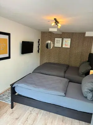 Ein Bett oder Betten in einem Zimmer der Unterkunft RIVERSIDE Cozy Apartment an der Weschnitz