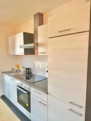 Küche/Küchenzeile in der Unterkunft Balkonliebe Karlsruhe - Waschmaschine, Stellplatz, Balkon, Regendusche