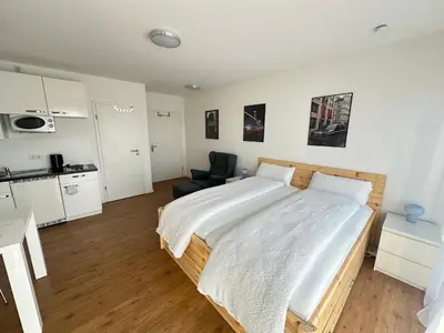 Küche/Küchenzeile in der Unterkunft Helles Studio mit Weitblick, Doppelbett, zentrumsnah