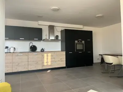 Küche/Küchenzeile in der Unterkunft Modernes 2-Zi -Apartment in Bad Friedrichshall WLAN Küche und Waschmaschine