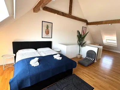 Ein Bett oder Betten in einem Zimmer der Unterkunft Charmante Altbauwohnung im Herzen von Rastatt kostenloser Parkplatz