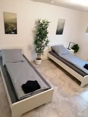 Ein Bett oder Betten in einem Zimmer der Unterkunft bookandstay24 com Babenhausen Apartment mit 2 Betten und Küche