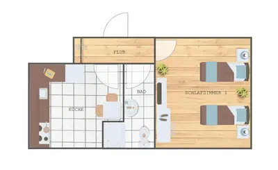 Grundriss der Unterkunft bookandstay24 com Babenhausen Apartment mit 2 Betten und Küche