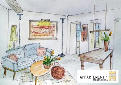 Ein Sitzbereich in der Unterkunft Burggarten Appartements Neuleiningen