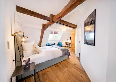 Ein Bett oder Betten in einem Zimmer der Unterkunft Jordan's Untermühle