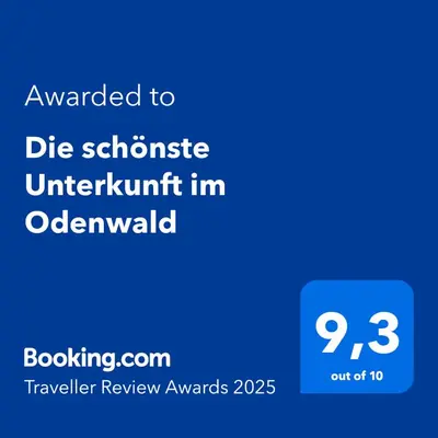 Ein Zertifikat, Auszeichnung, Logo oder anderes Dokument, das in der Unterkunft Die schönste Unterkunft im Odenwald ausgestellt ist