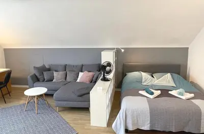 Ein Bett oder Betten in einem Zimmer der Unterkunft Hell Modern Gemütlich Großes 1 Zimmer Apartment Ilvesheim